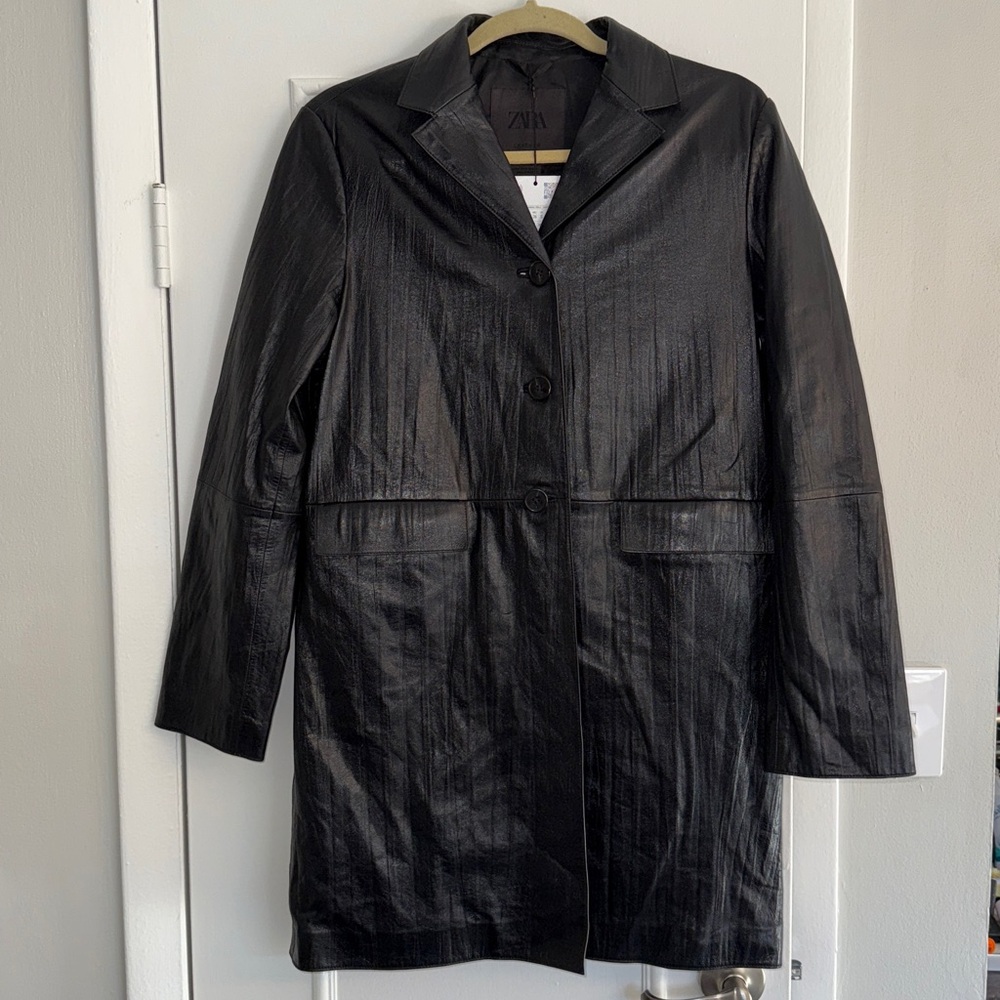 NWT! Zara Leather Black Long Jacket (purchasd in Europe)